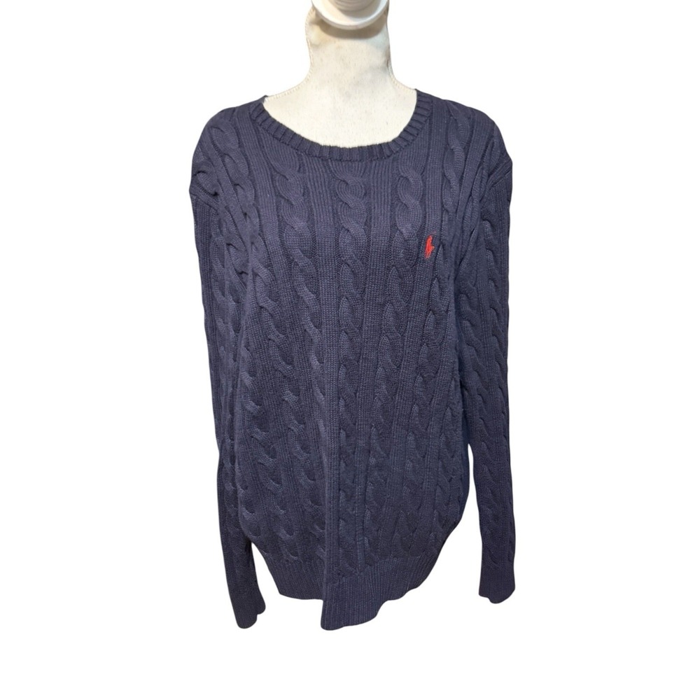 Polo Ralph Lauren Men's Navy Blue Sweater L Cable Knit Crewneck Cotton Red Pony
